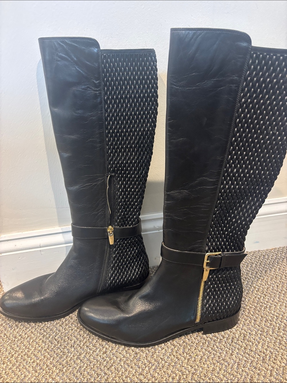 RON WHITE - NEW Over-the-Knee Black Riding Boots with Woven Back and Gold Accent